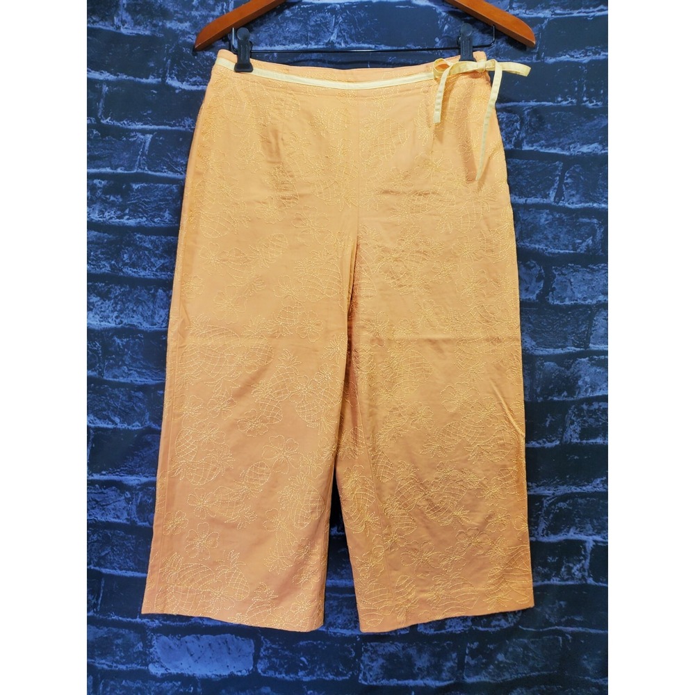 Talbots Petite‎ Wide Leg Capri Pants Womens 6P Orange Yellow Embroidered Stretch